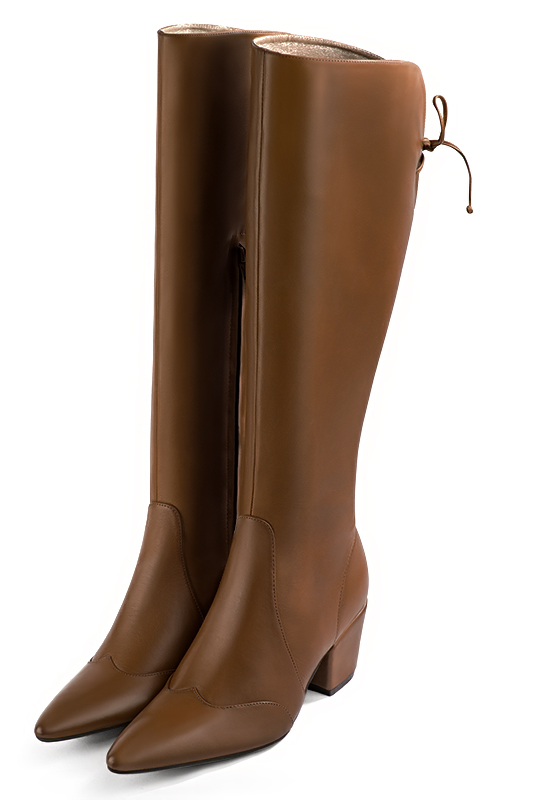 Caramel brown women's knee-high boots, with laces at the back. Tapered toe. Medium cone heels. Made to measure. Front view - Florence KOOIJMAN